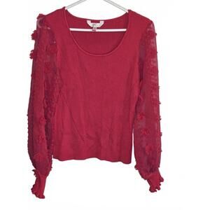 No Boundaries Red Long Sleeve Sweater with Sheer Floral Sleeves, Size L